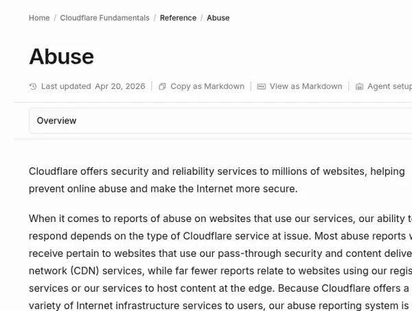 Снимка на официалната документация на Cloudflare за сигнали за злоупотреба