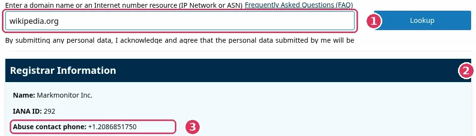 ICANN Lookup с отбелязани поле за домейн, данни за регистратора и abuse контакт